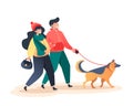 Woman and man walking with their happy dog in autumn park, pet care concept, German shepherd Royalty Free Stock Photo